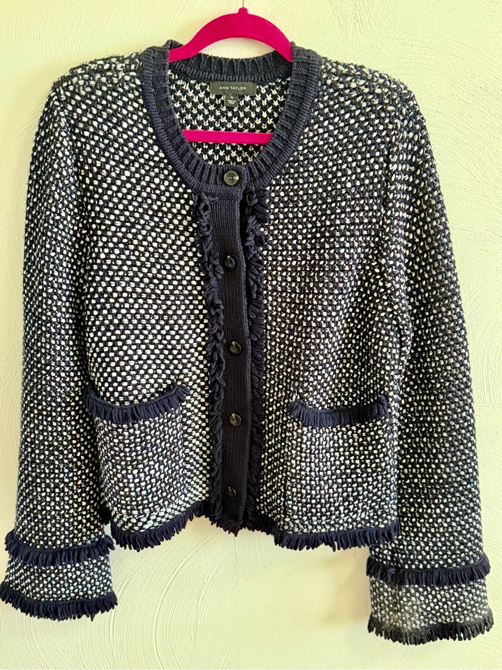 Ann Taylor Navy and White Fringe-Trim Cardigan EUC XL